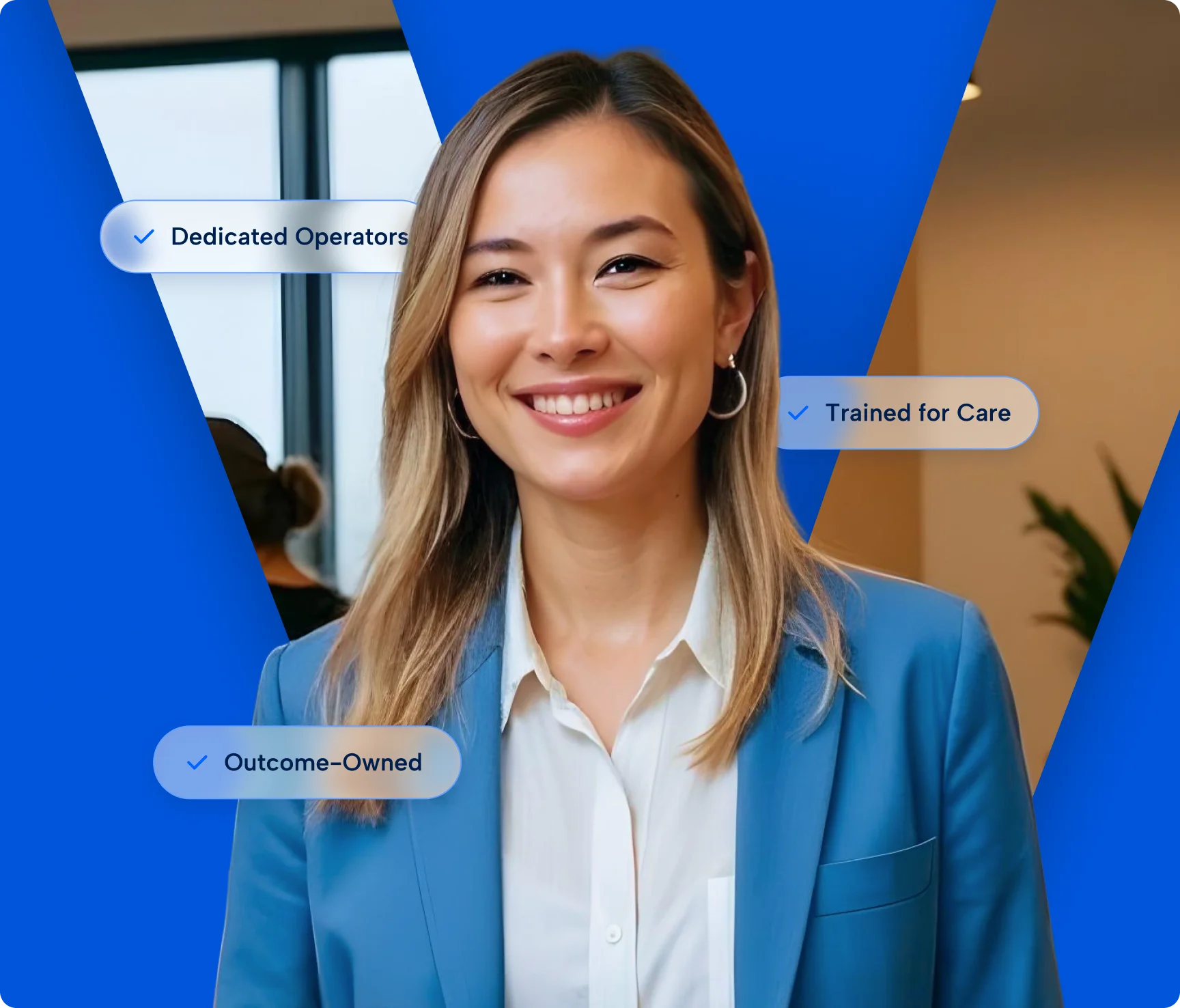A VitalCX Experience Partner in a blue blazer, with capability tags around her