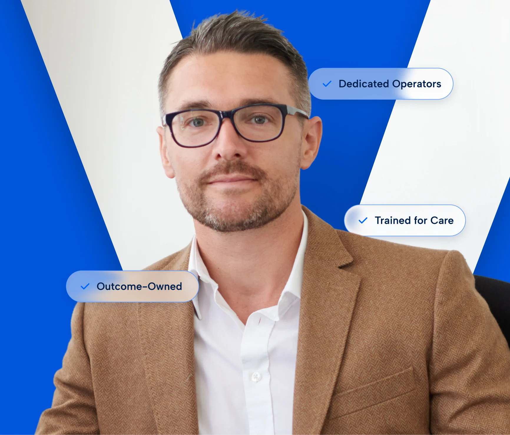 A VitalCX Experience Partner in glasses and a tweed jacket, with capability tags around him