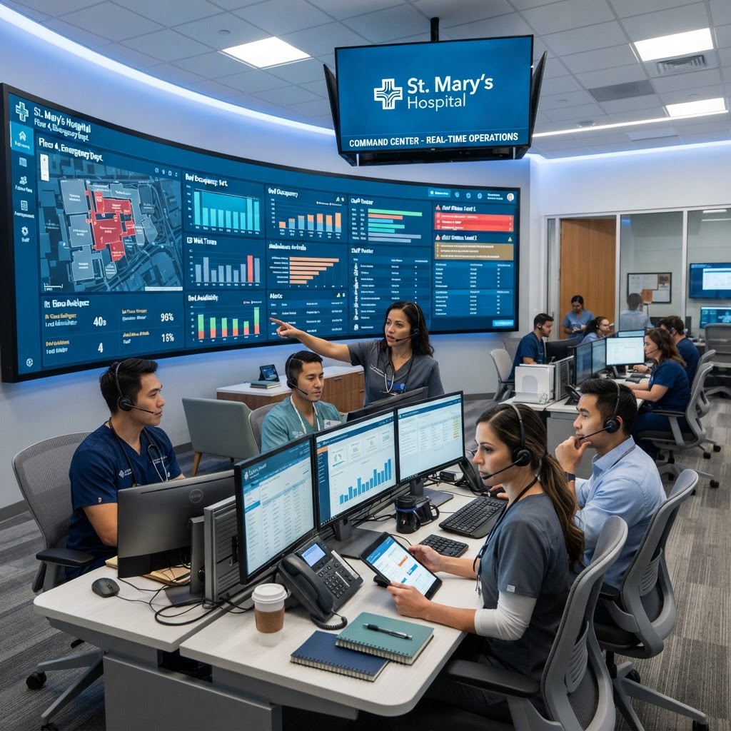Hospital staff at a command centre working at monitors below a wall of real-time operations dashboards