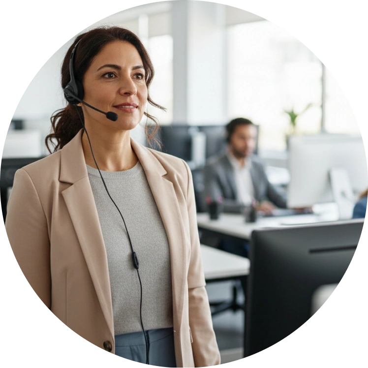 A support agent wearing a headset in a healthcare office