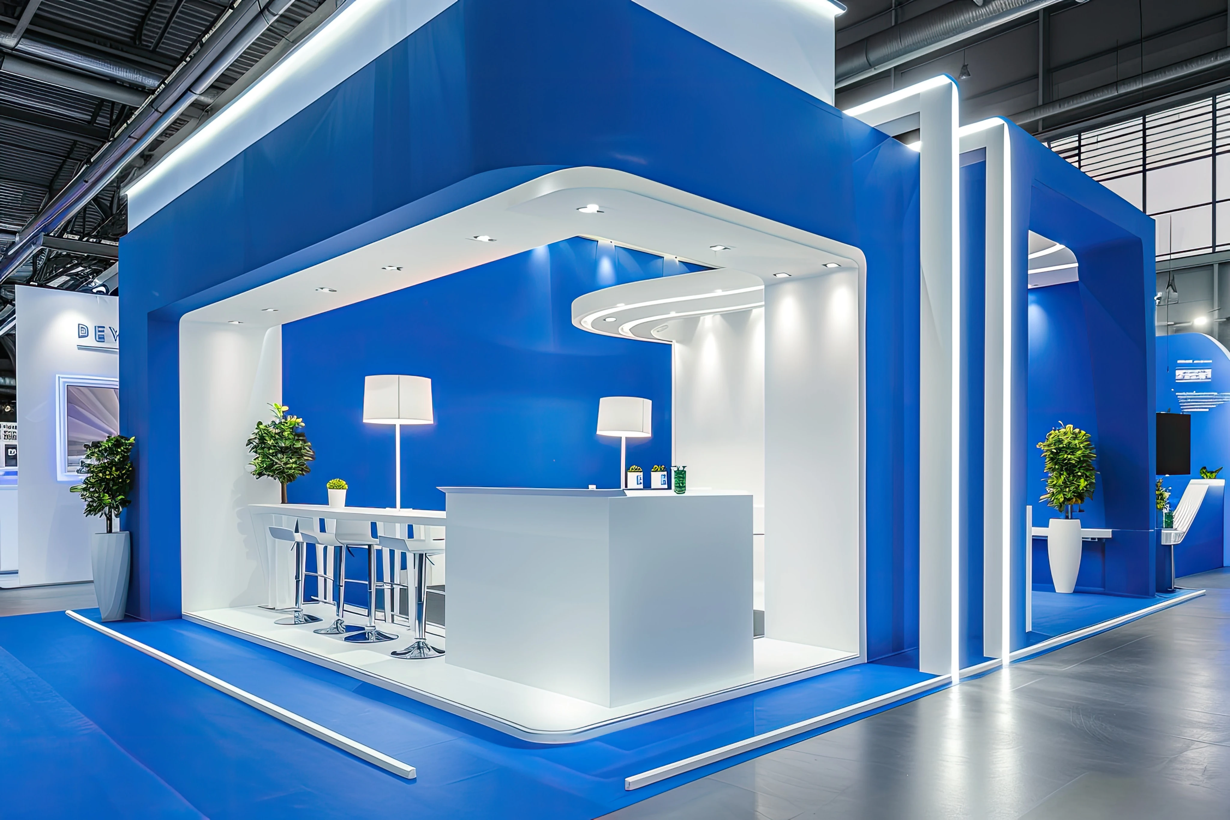 A blue and white exhibition stand with stools and a reception counter on a trade-show floor