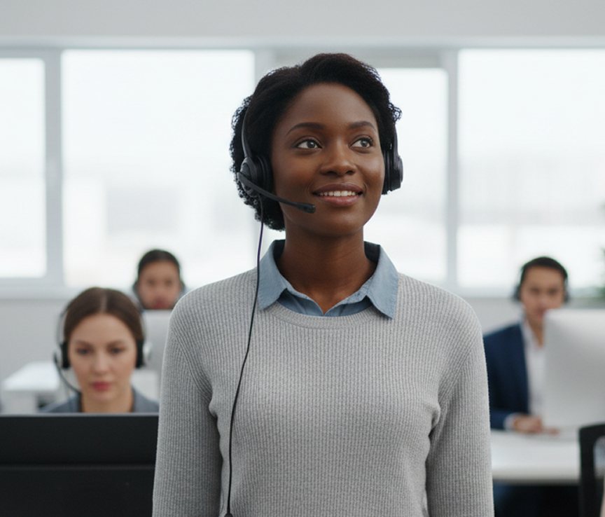 A contact-centre agent wearing a headset, with colleagues at workstations behind her