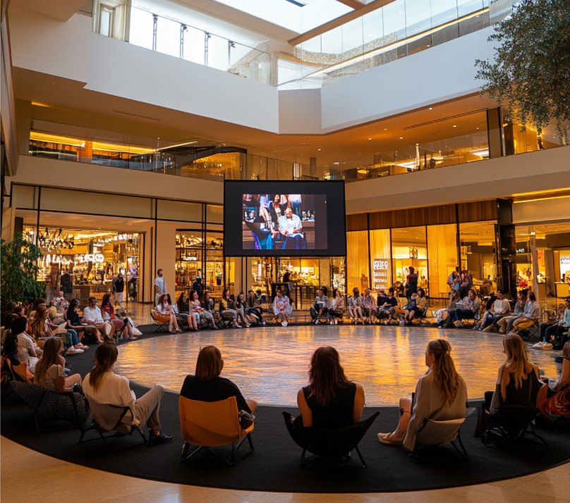 An audience seated in a circle around a large screen in an atrium