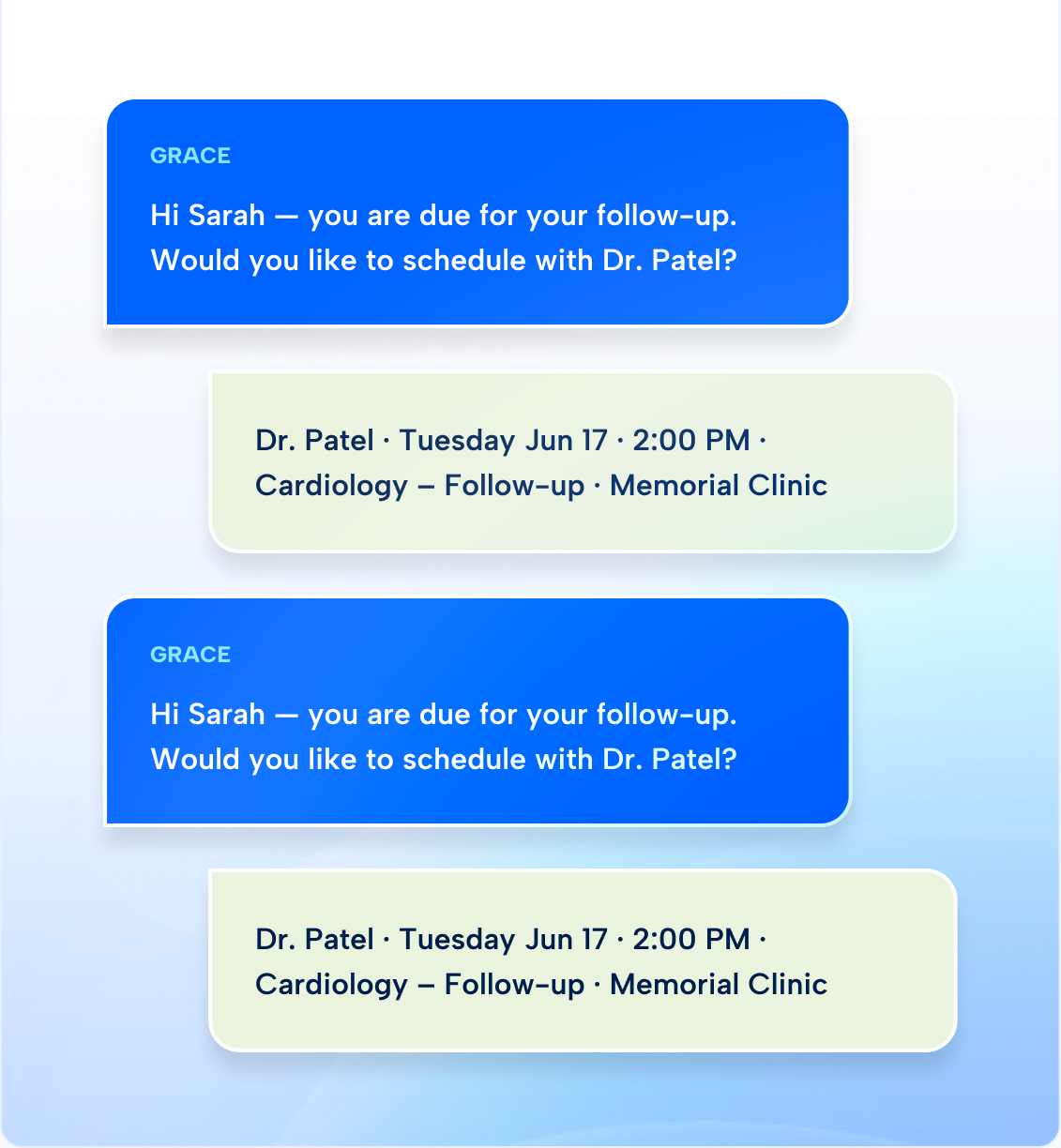 A message thread in which Grace tells Sarah she is due for a follow-up and offers an appointment with Dr. Patel on Tuesday June 17 at 2:00 PM